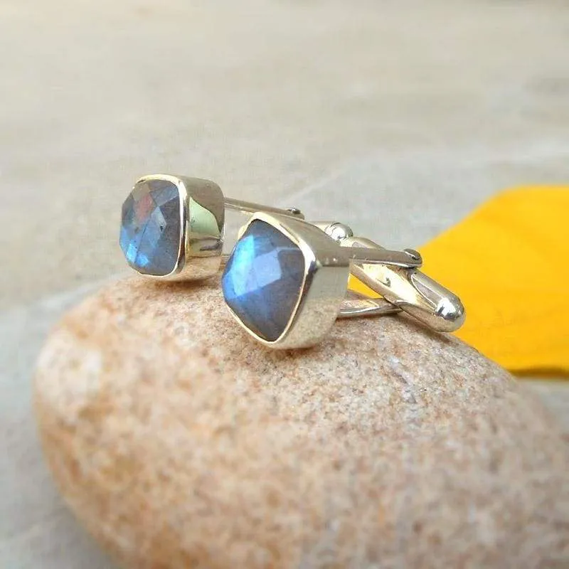 Natural Labradorite Cushion Shape Cufflinks sterling silver cufflink Faceted Labradorite Cufflinks Gift for him Father Gifts