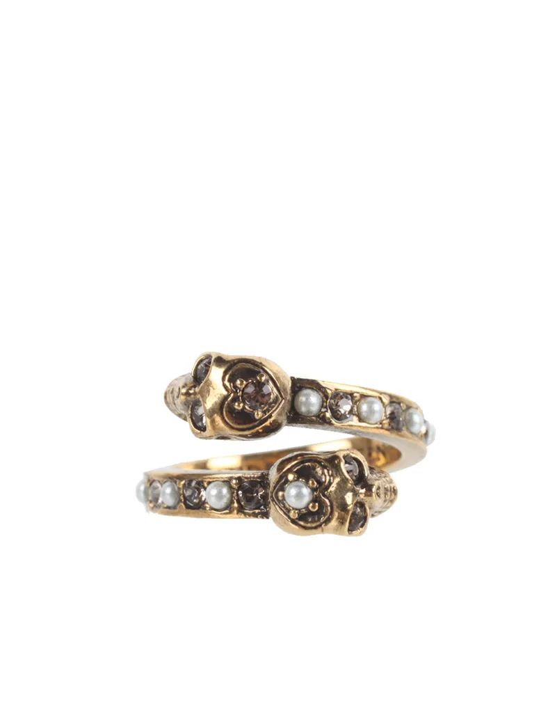 Pearl Band Twin Skull Ring, Gold