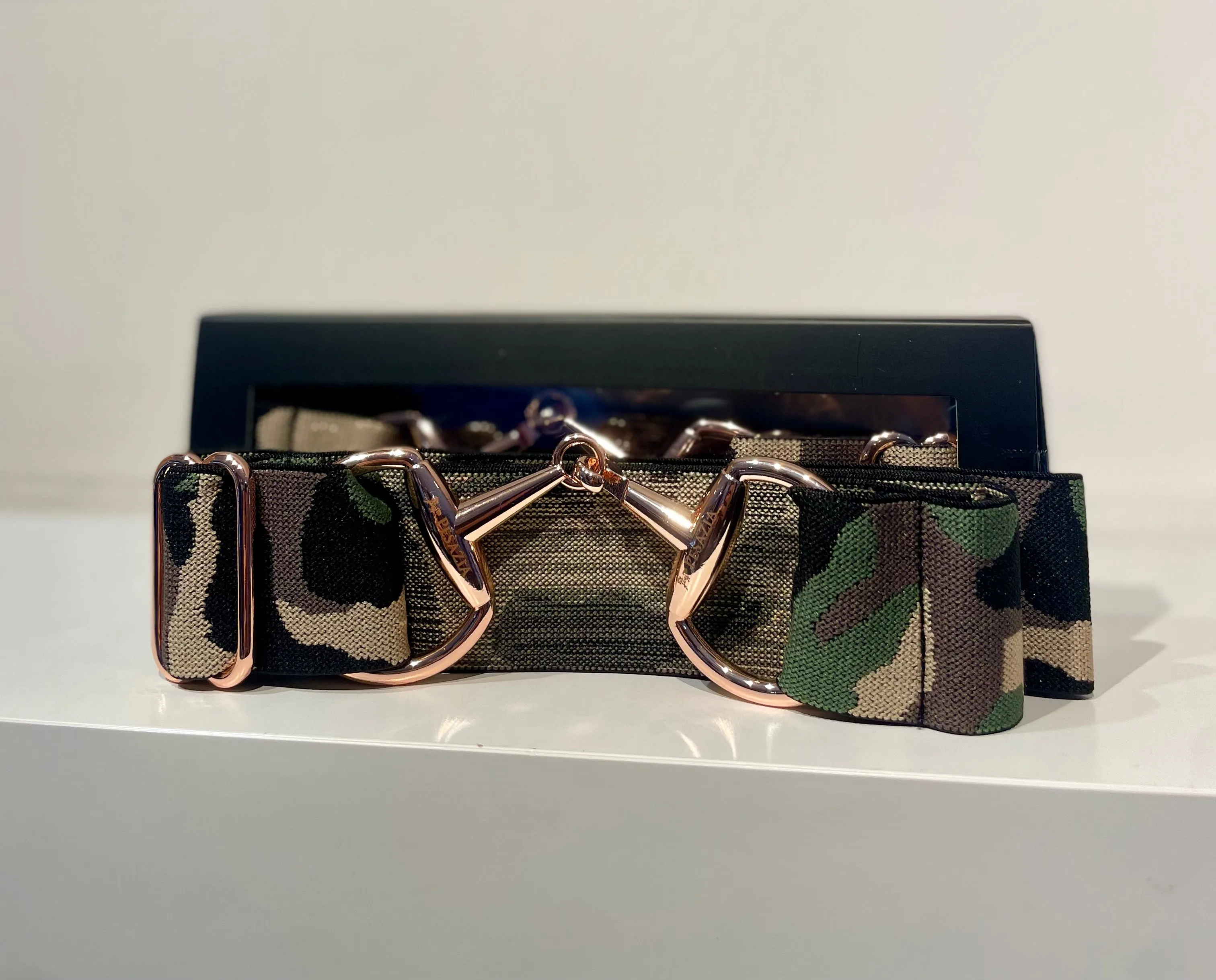 Pesazia - Logo Stretch Bit Belts - Green Camo w/ Rose Gold Snaffle Bit