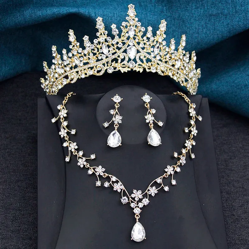 Princess Crown Jewelry 3Pcs Set Tiara Necklace Earrings Jewelry Accessories