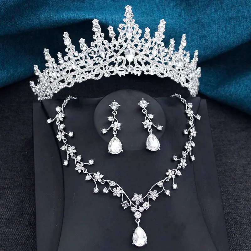 Princess Crown Jewelry 3Pcs Set Tiara Necklace Earrings Jewelry Accessories