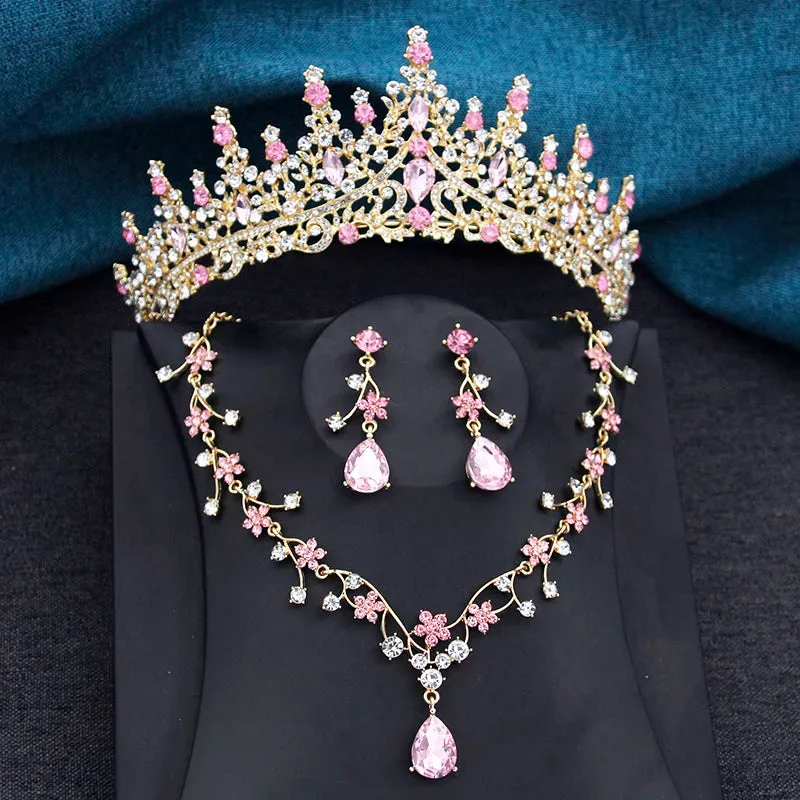 Princess Crown Jewelry 3Pcs Set Tiara Necklace Earrings Jewelry Accessories