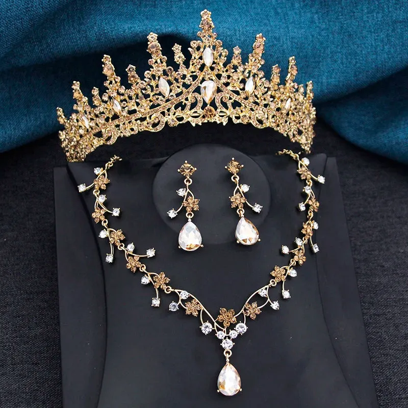 Princess Crown Jewelry 3Pcs Set Tiara Necklace Earrings Jewelry Accessories