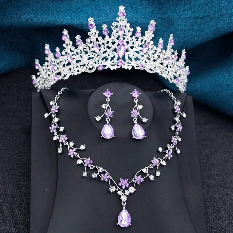 Princess Crown Jewelry 3Pcs Set Tiara Necklace Earrings Jewelry Accessories