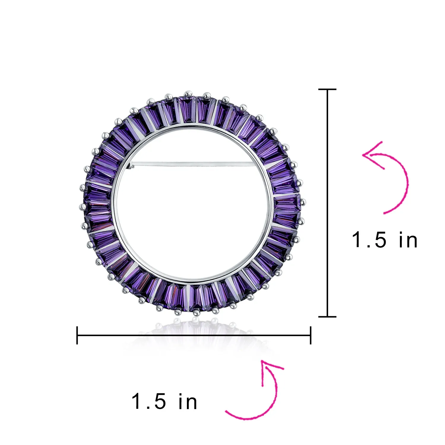 Purple Amethyst CZ Baguette Cut Eternity Circle Scarf Brooche Pin Silver Plated