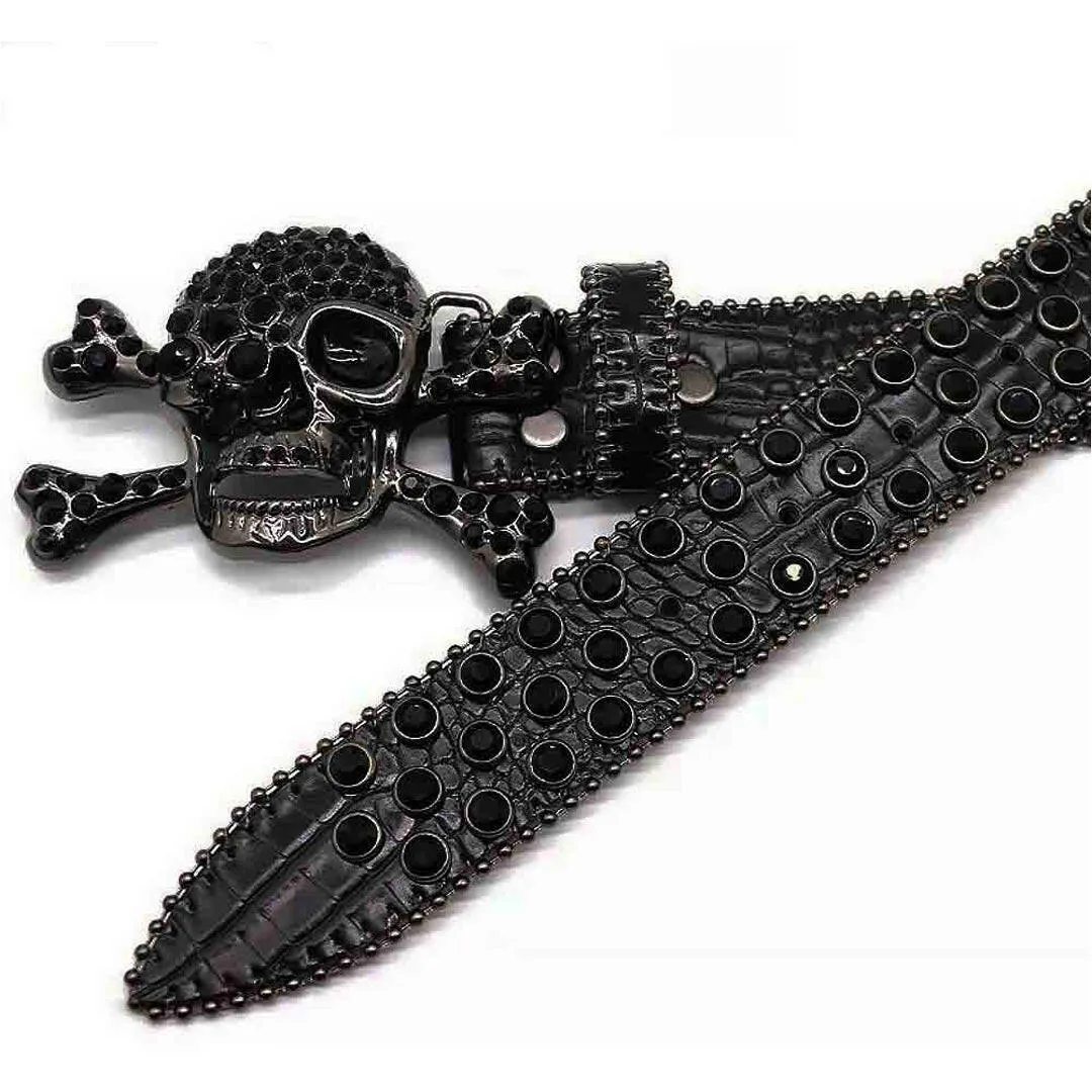 Rhinestone Metal Skull Buckle Black Strap With Black Studded Belt