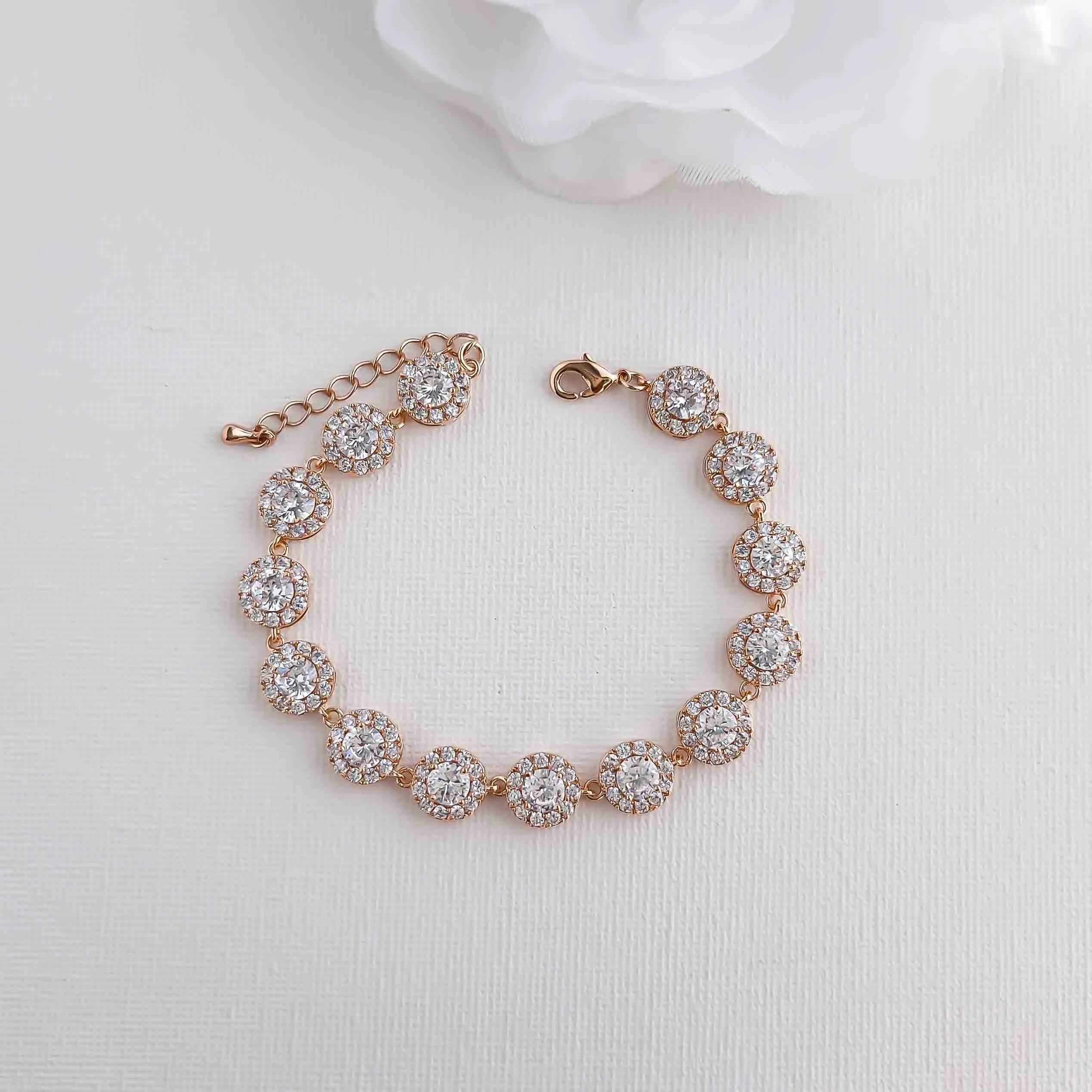 Round Clear Cubic Zirconia Rose Gold Bridal Bracelet for Weddings-Cristle