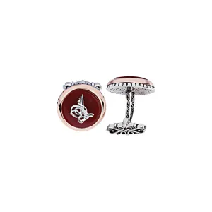 Silver Agate Stone Ottoman Tughra Round Model Cufflink