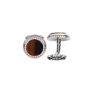 Silver Agate Stone White Zircon Inlaid Round Cufflink