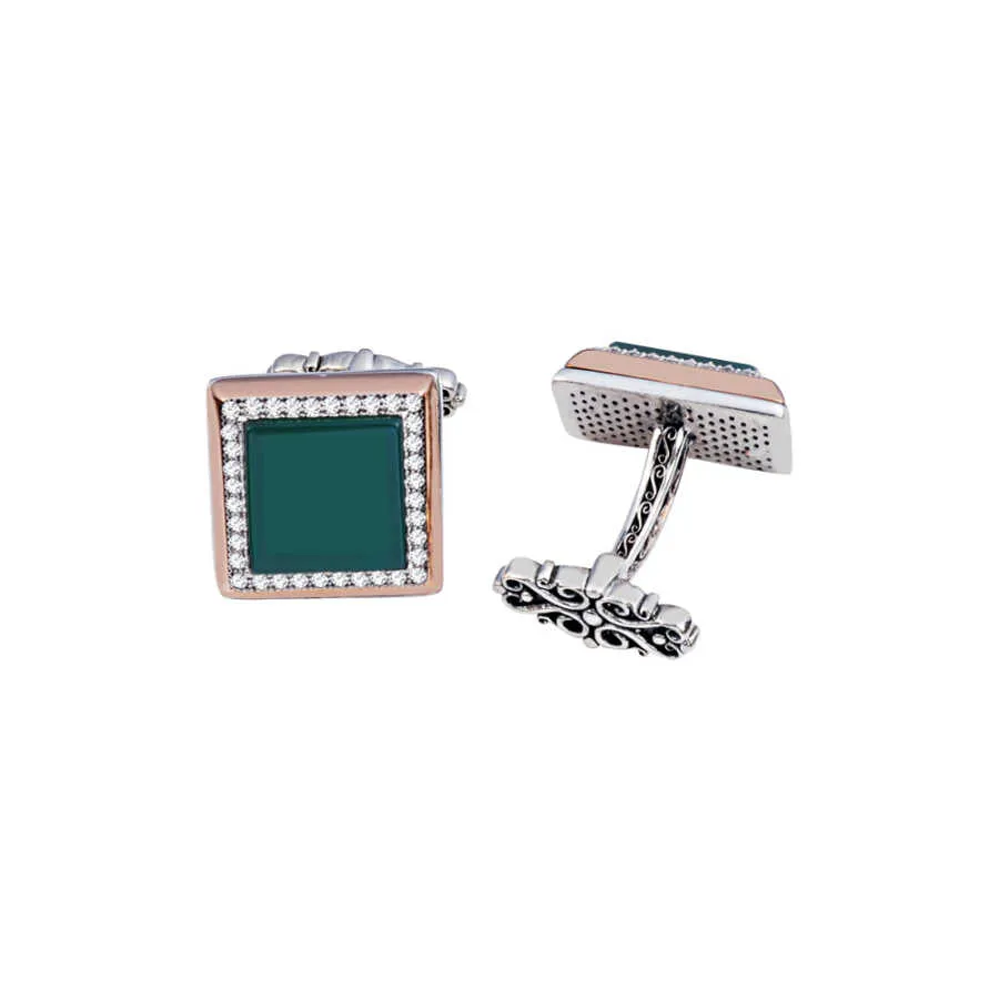 Silver Green Agate Stone Zircon Inlaid Cufflink