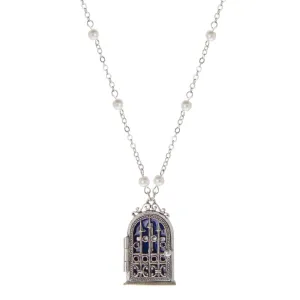 Symbols Of Faith Gate & Crucifix Blue Enamel Reliquary Necklace 24"