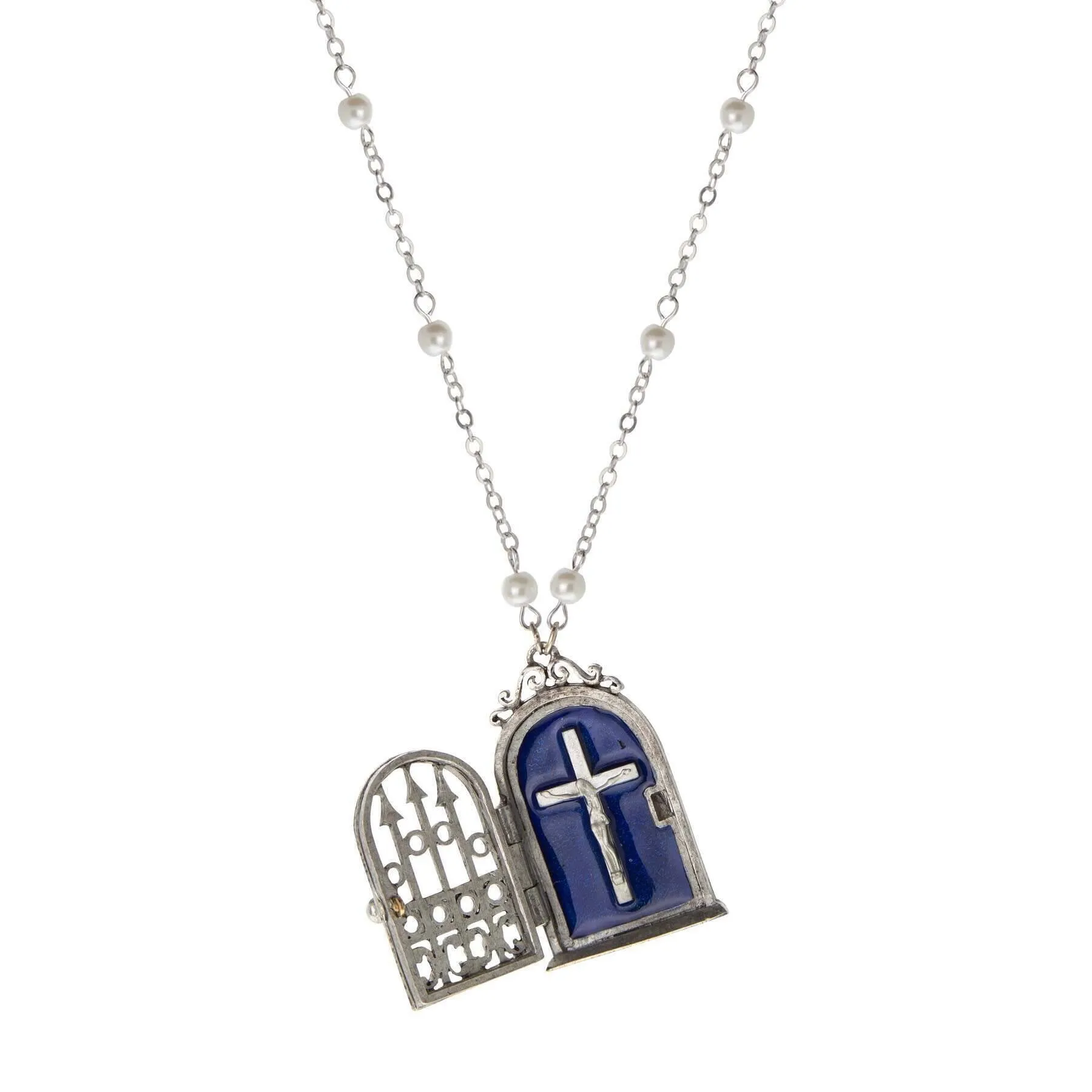 Symbols Of Faith Gate & Crucifix Blue Enamel Reliquary Necklace 24"