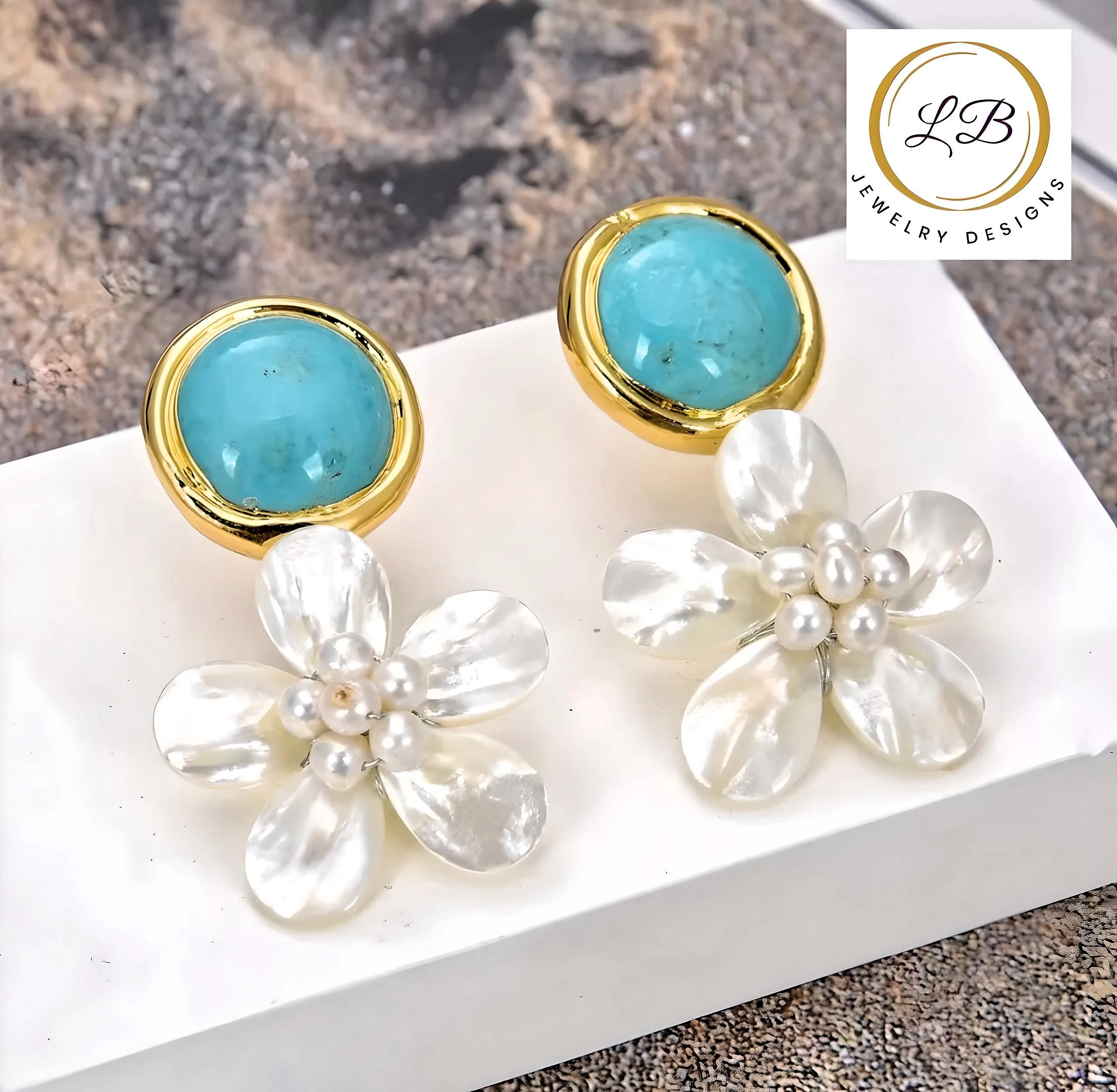 Turquoise and Pearl Gemstone Flower Statement Earrings 2.2”