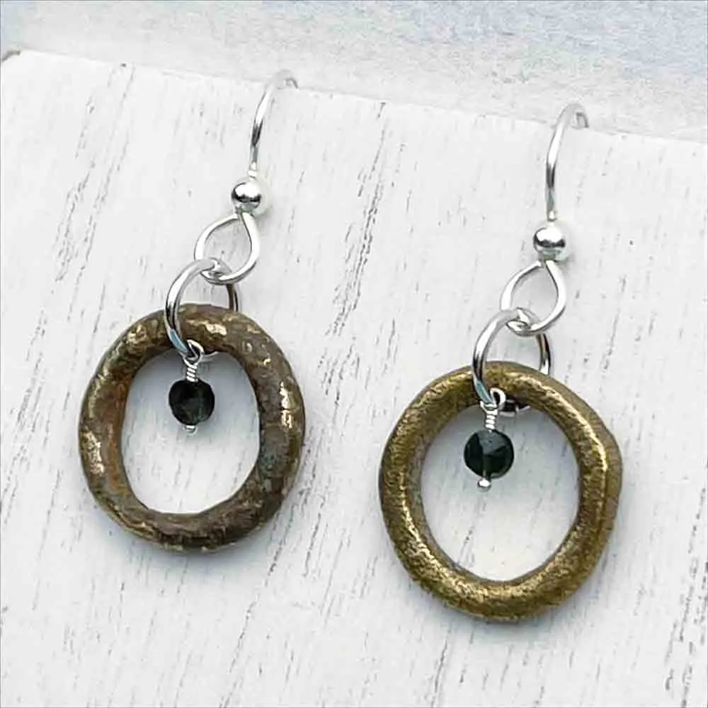 Variegated Bronze Celtic Ring Money Earrings with Genuine Quartz | Artifact #7009