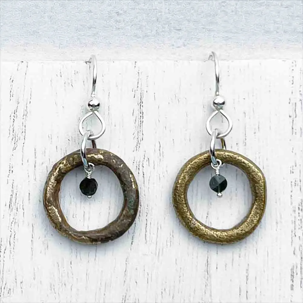 Variegated Bronze Celtic Ring Money Earrings with Genuine Quartz | Artifact #7009