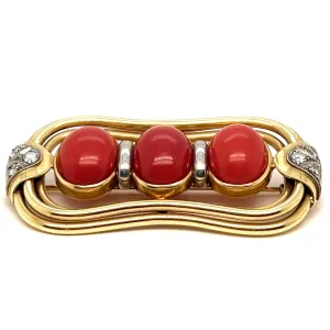 Vintage Oxblood Coral Diamond 14 Karat Yellow Gold Brooch